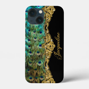 Peacock Feather Gold Glitter Vintage Script Name iPhone 13 Mini Case