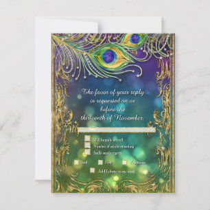 Peacock Feather Gold Glitter Wedding Menu RSVP