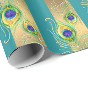 Peacock Feather Gold Swirl Baroque Wreath Jewel Wrapping Paper