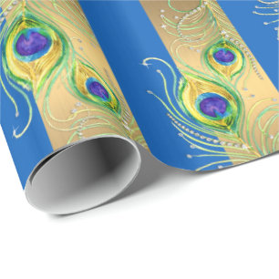 Peacock Feather Gold Swirl Baroque Wreath Jewel Wrapping Paper