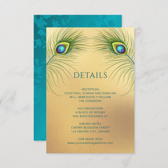 Peacock Feather Gold Wedding Enclosure Card (Front/Back)