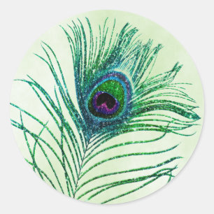 Peacock Feather Green Glitter Classic Round Sticker