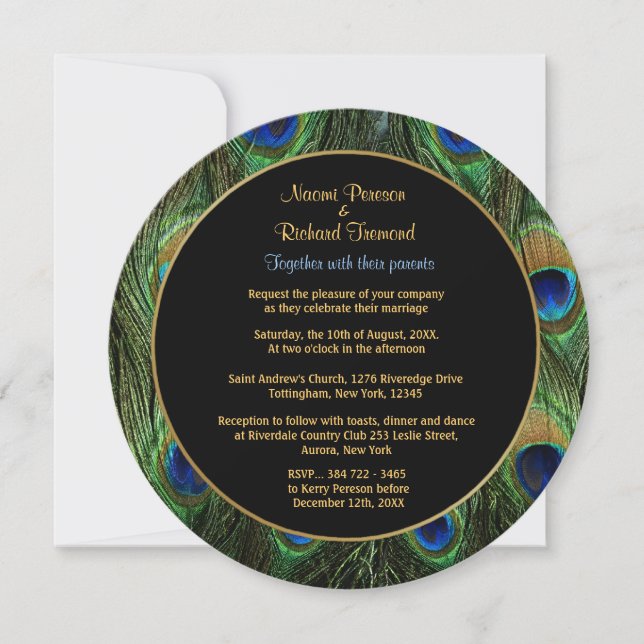 Peacock Feather Green Wedding Invitation Round (Front)