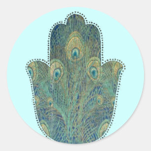 Peacock Feather Hamsa Classic Round Sticker