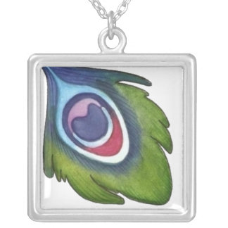 Peacock feather illustration silver plated necklace