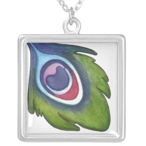 Peacock feather illustration silver plated necklace