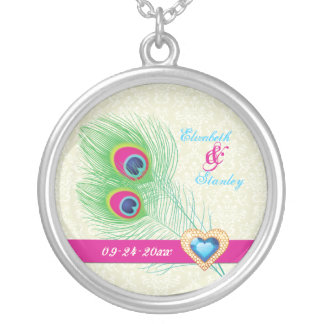 Peacock feather jewel heart wedding anniversary silver plated necklace