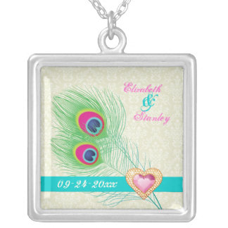 Peacock feather jewel heart wedding anniversary silver plated necklace