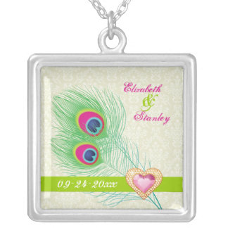 Peacock feather jewel heart wedding anniversary silver plated necklace