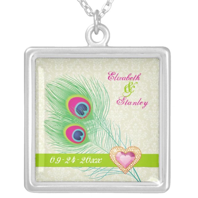 Peacock feather jewel heart wedding anniversary silver plated necklace (Front)