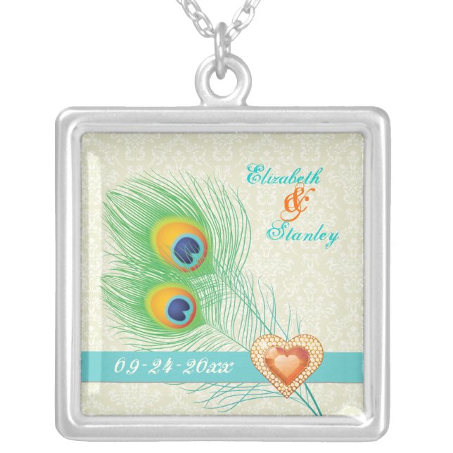 Peacock feather jewel heart wedding anniversary silver plated necklace (Front)