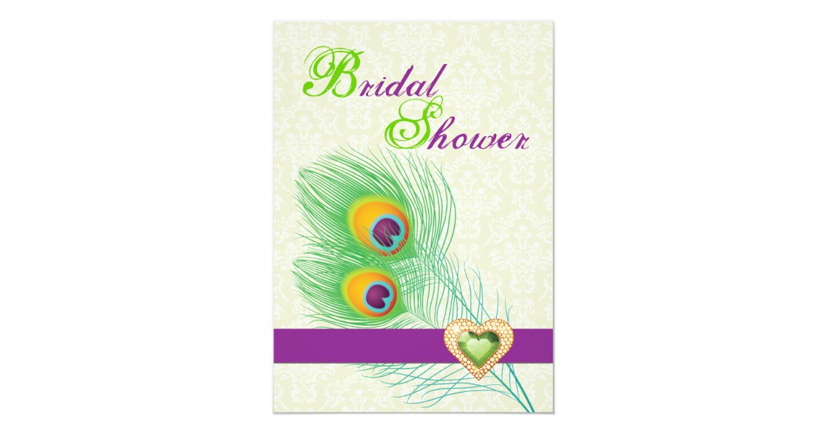 Peacock Feather Jewel Heart Wedding Bridal Shower Invitation