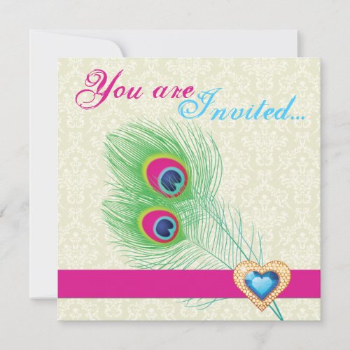 Peacock feather jewel heart wedding invitation