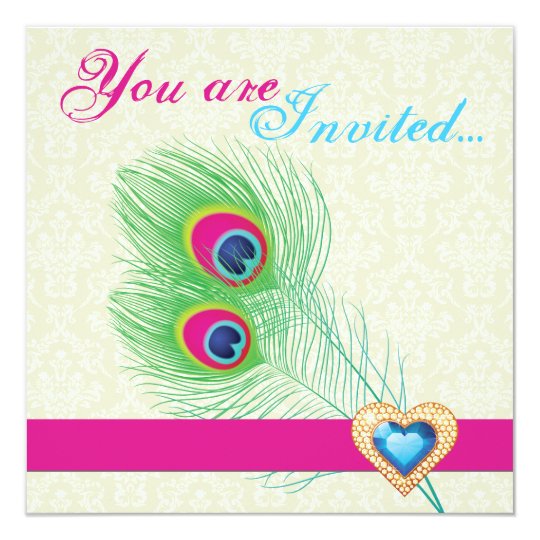 Peacock feather jewel heart wedding invitation