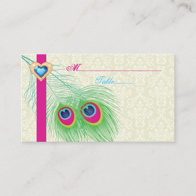 Peacock feather jewel heart wedding place card (Front)