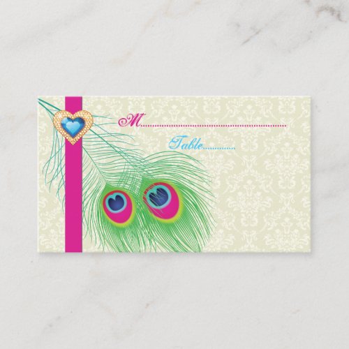 Peacock feather jewel heart wedding place card business card template