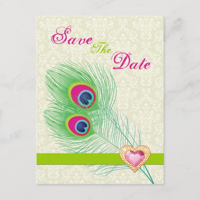 Peacock feather jewel heart wedding Save the Date Announcement Postcard (Front)
