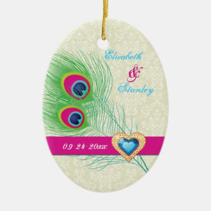 Peacock feather jewel heart wedding Save the Date Ceramic Ornament