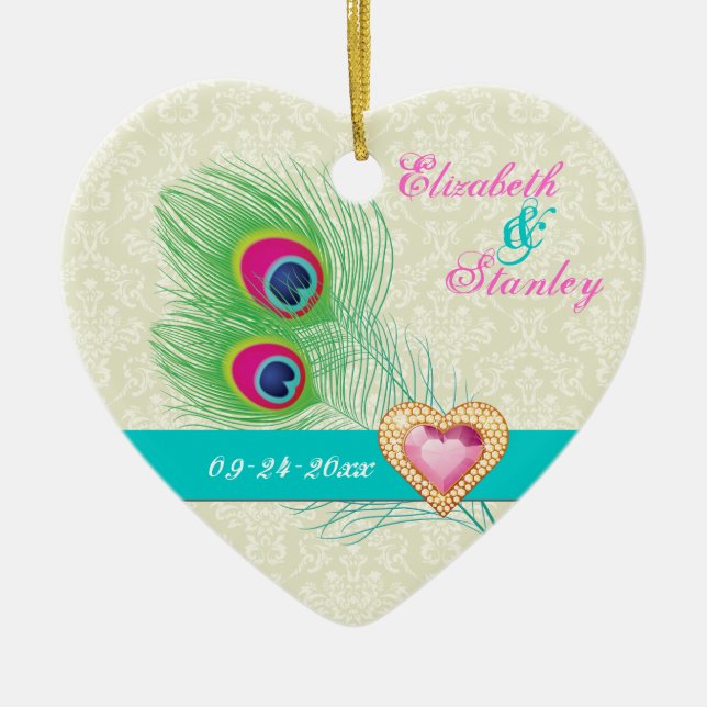 Peacock feather jewel heart wedding Save the Date Ceramic Ornament (Front)