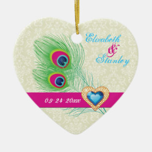 Peacock feather jewel heart wedding Save the Date Ceramic Ornament