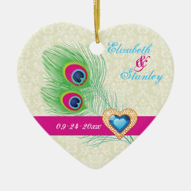 Peacock feather jewel heart wedding Save the Date Ceramic Ornament (Front)