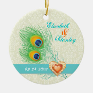 Peacock feather jewel heart wedding Save the Date Ceramic Ornament