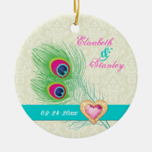 Peacock feather jewel heart wedding Save the Date Ceramic Ornament