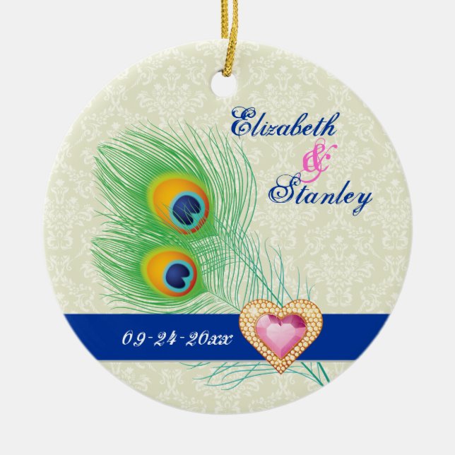 Peacock feather jewel heart wedding Save the Date Ceramic Ornament (Front)