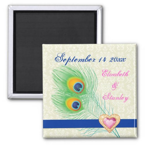 Peacock feather jewel heart wedding Save the Date Magnet