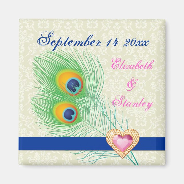 Peacock feather jewel heart wedding Save the Date Magnet (Front)