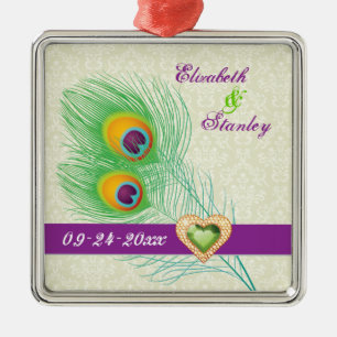 Peacock feather jewel heart wedding Save the Date Metal Ornament