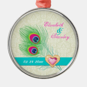 Peacock feather jewel heart wedding Save the Date Metal Ornament