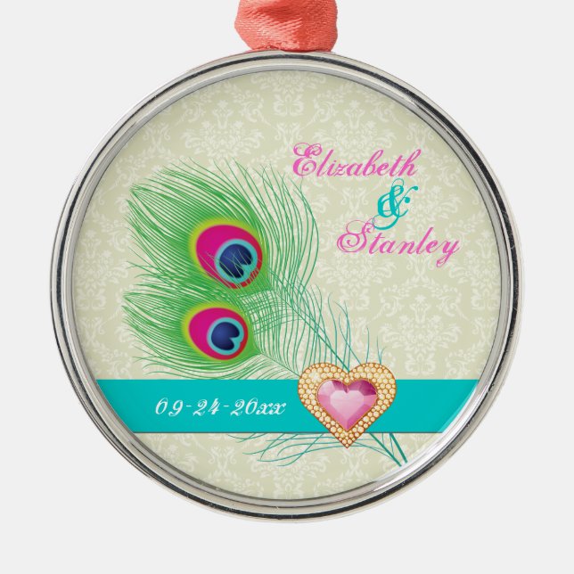 Peacock feather jewel heart wedding Save the Date Metal Ornament (Front)