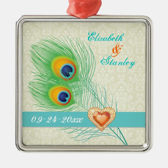 Peacock feather jewel heart wedding Save the Date Metal Ornament (Front)