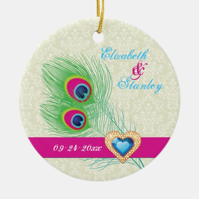 Peacock feather jewel heart wedding Save the Date Christmas Ornament