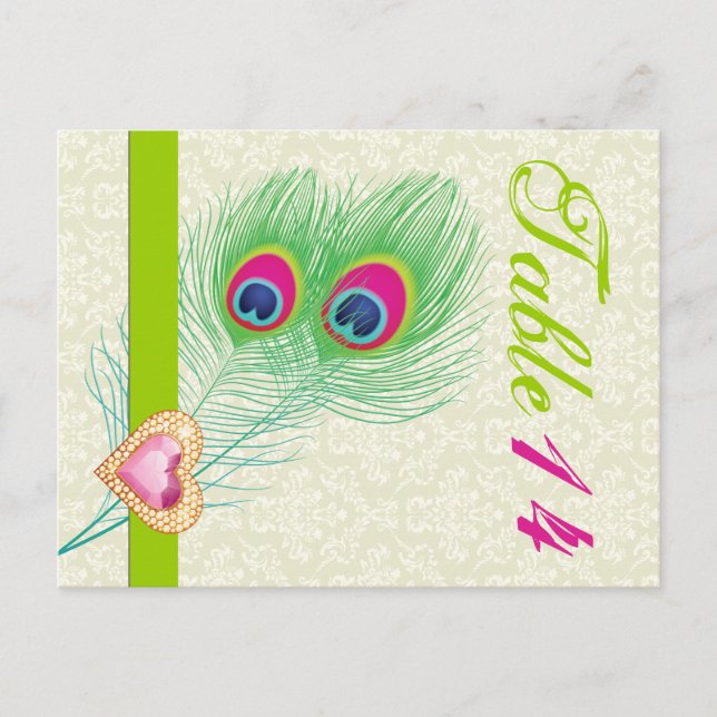 Peacock feather jewel heart wedding table number (Front)