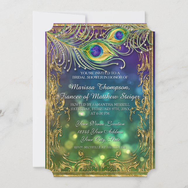 Peacock Feather Jewel Sparkle Gold Bridal Shower  Invitation (Front)