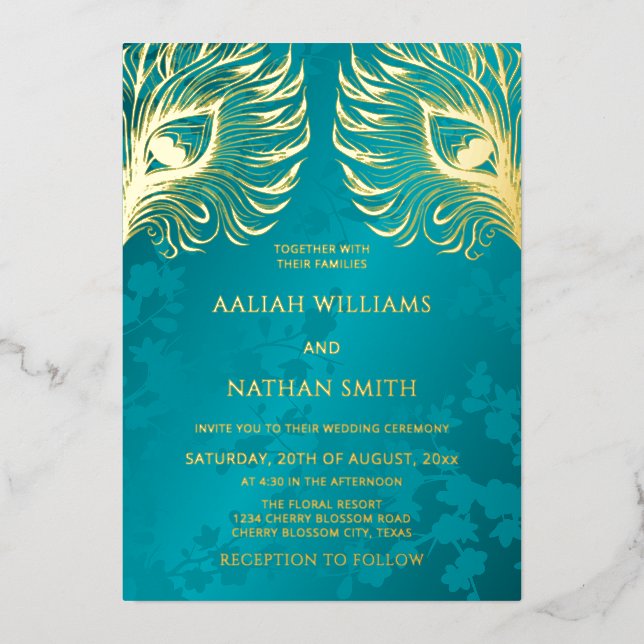 Peacock Feather Jewel Tone Gold Wedding  Foil Invitation (Front)