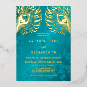 Peacock Feather Jewel Tone Gold Wedding Foil Invitation