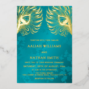 Peacock Feather Jewel Tone Gold Wedding Foil Invitation