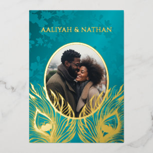 Peacock Feather Jewel Tone Gold Wedding  Foil Invitation