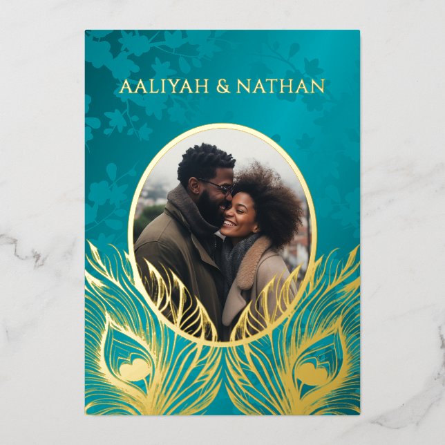 Peacock Feather Jewel Tone Gold Wedding  Foil Invitation