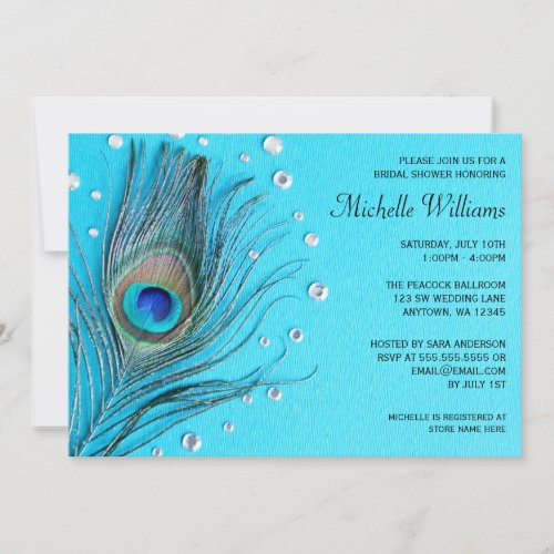 Peacock Feather Jewels Aqua Bridal Shower Announcements