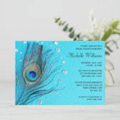 Peacock Feather Jewels Aqua Bridal Shower Invitation (Standing Front)