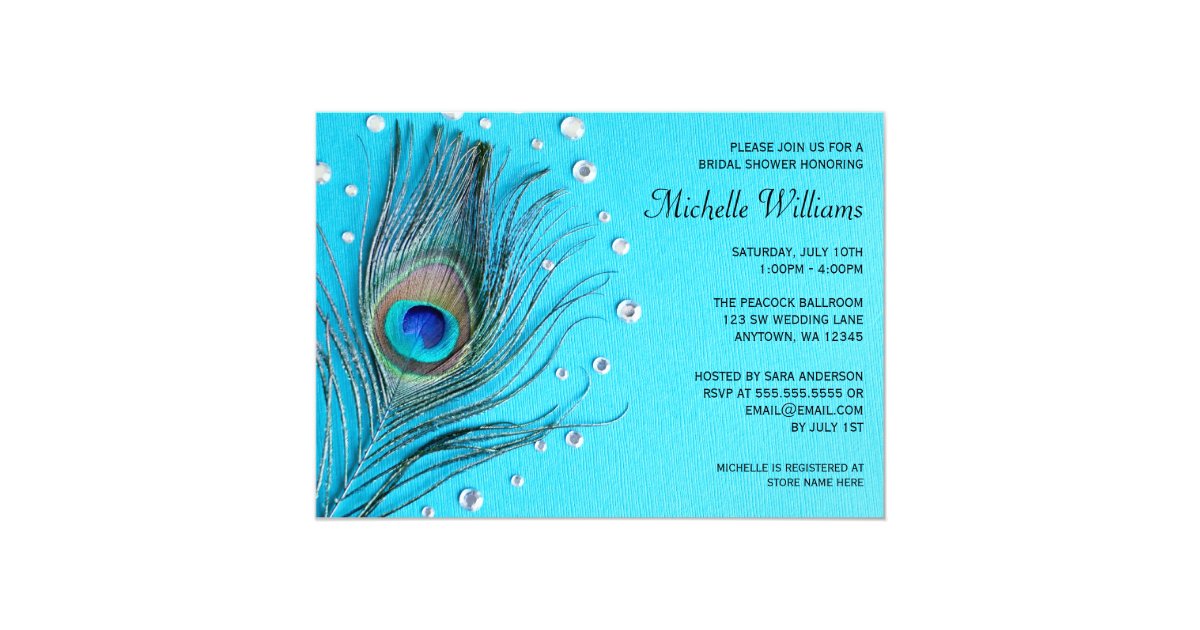Peacock Feather Jewels Aqua Bridal Shower Invitation Zazzle Com