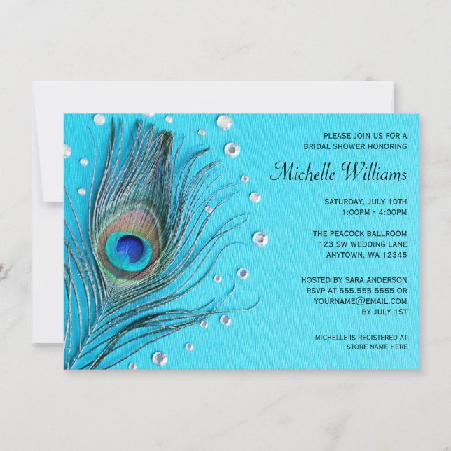 Peacock Feather Jewels Aqua Bridal Shower Invitation (Front)