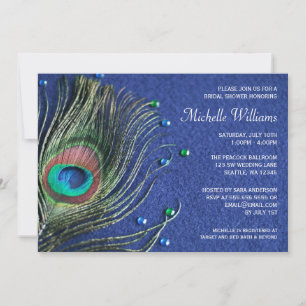 Peacock Feather Jewels Blue Bridal Shower Invitation