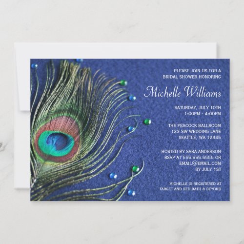 Peacock Feather Jewels Blue Bridal Shower Custom Invite