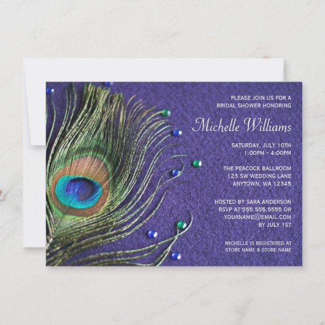 Peacock Feather Jewels Purple Bridal Shower Invitation (Front)