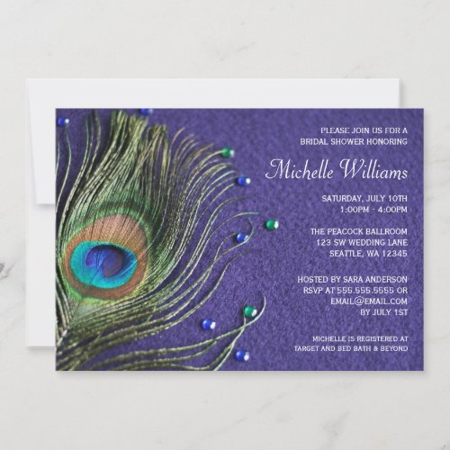 Peacock Feather Jewels Purple Bridal Shower Custom Announcements